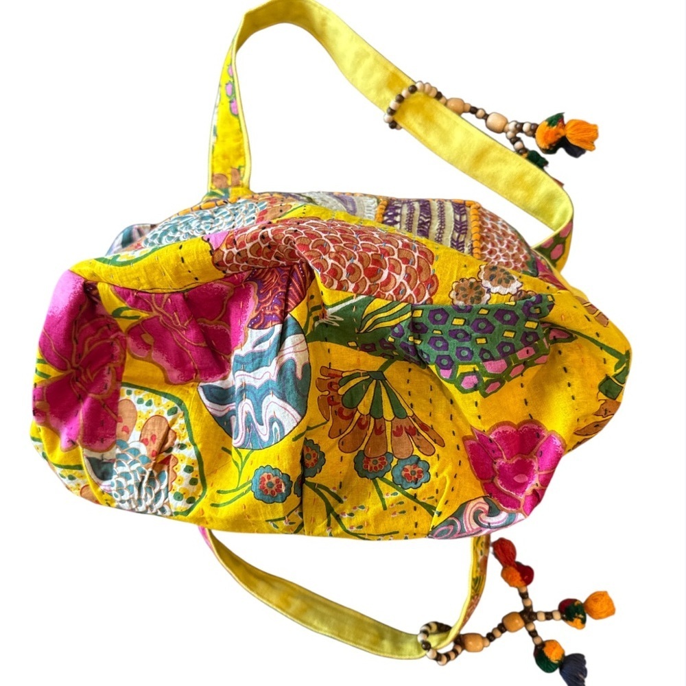 Tribe Azure Fair Trade Cotton Yellow Multi Patchwork Boho Tassel Tote Bag NWOT - Picture 11 of 16